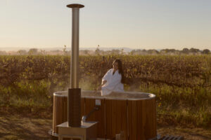 Luxurious wood-fired hot tub in the Macedon Ranges at Lancefield's Cleveland Estate. Perfect for a winter getaway in the Macedon Ranges.